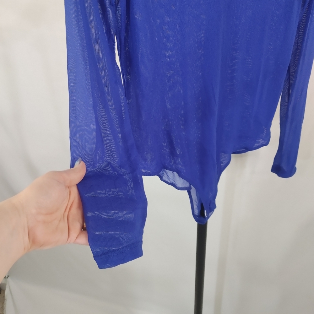Iris Blue Sheer Mesh Bodysuit 1X Long Sleeve V Neck Stretch Y2K Clubwear Top - Picture 6 of 12